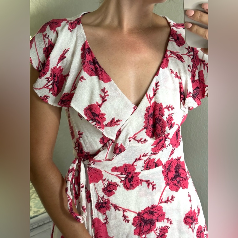 NWOT Free People pink and white Floral Wrap Dress with ruffle, V-neck detail - Picture 6 of 12
